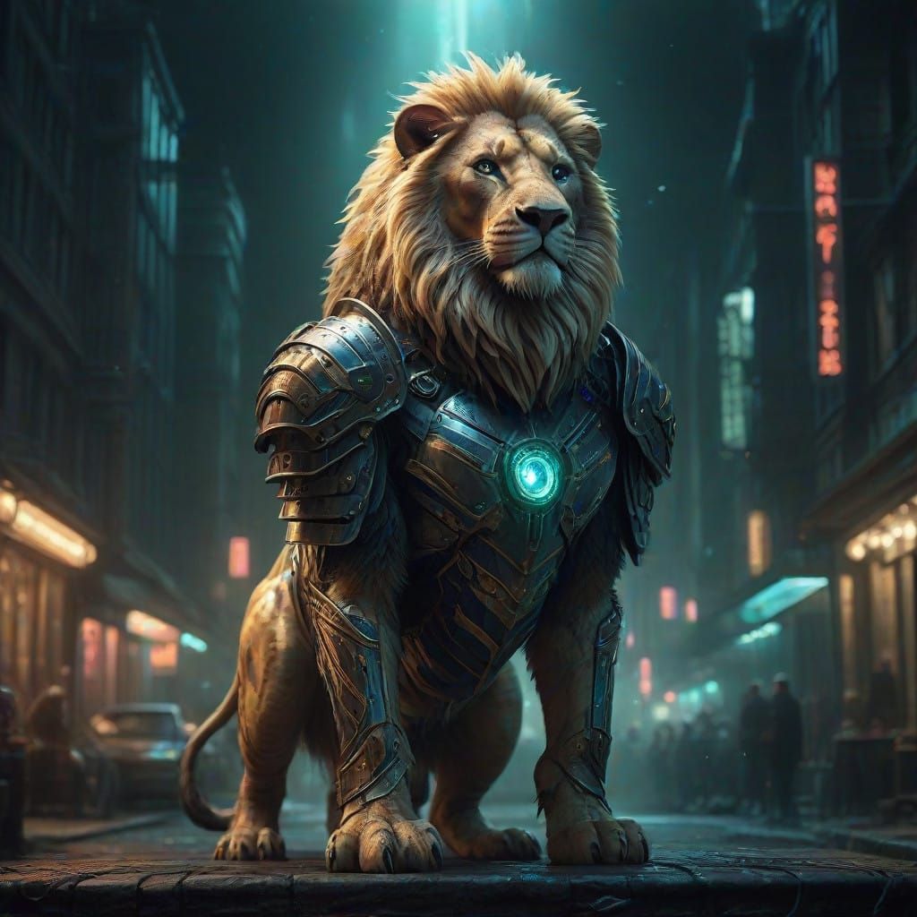 Cyberpunk Fantasy Lion in Neon Armor