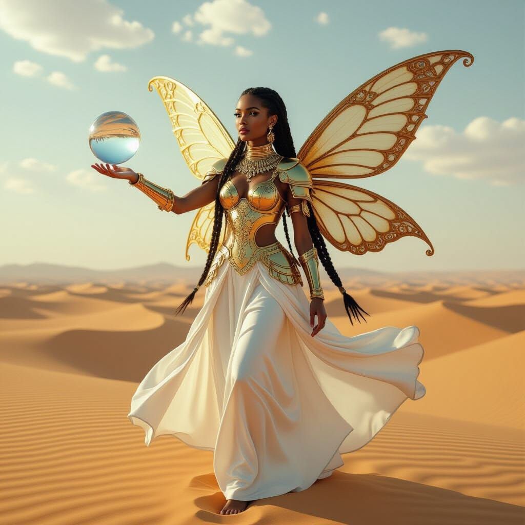 Nubian Princess Fairy Over Sahara in Gouache Style