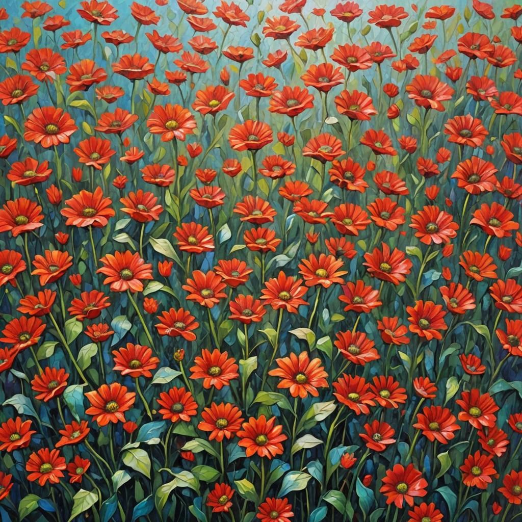 Red Sunflowers in Expressionist Impasto Style