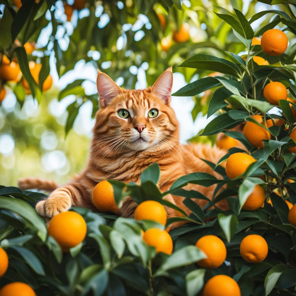 Tabby Cat Relaxing by Orange Tree