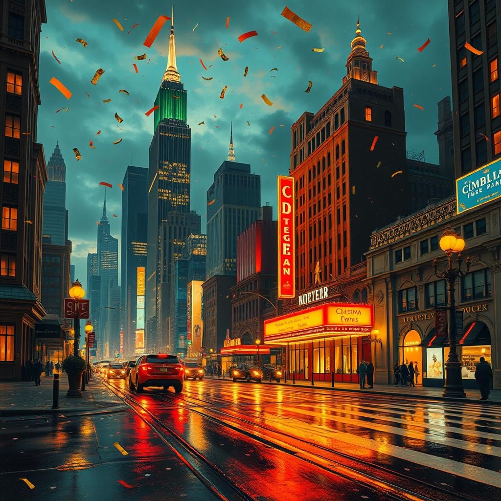 Luxe Cityscape with Art Deco Skyscrapers and Neon