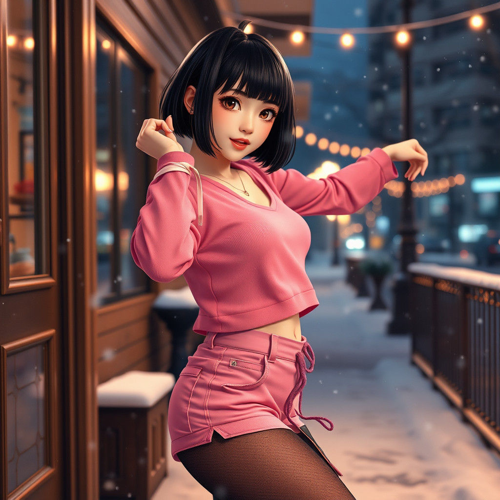 Adorable Woman Dancing in First Snow at Night