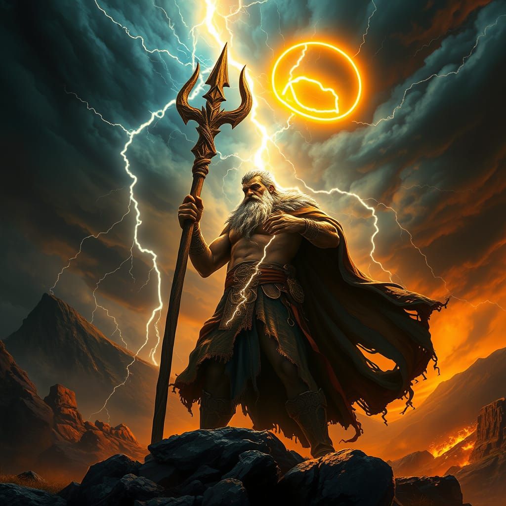 Thunder God Perkunas Illuminated by Lightning in Ominous Bal...