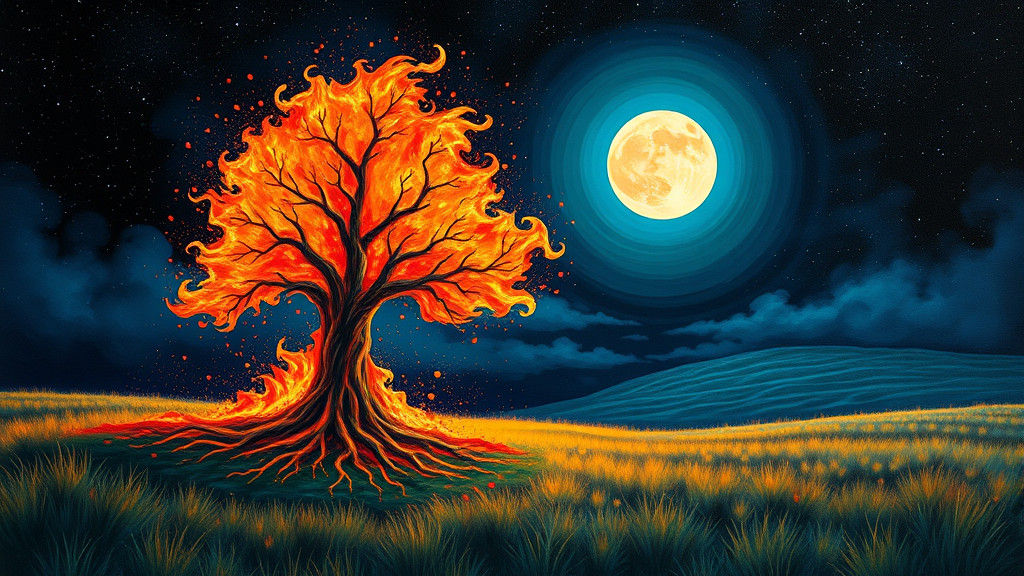 Fiery Graffiti Tree Under Starry Moonlit Sky