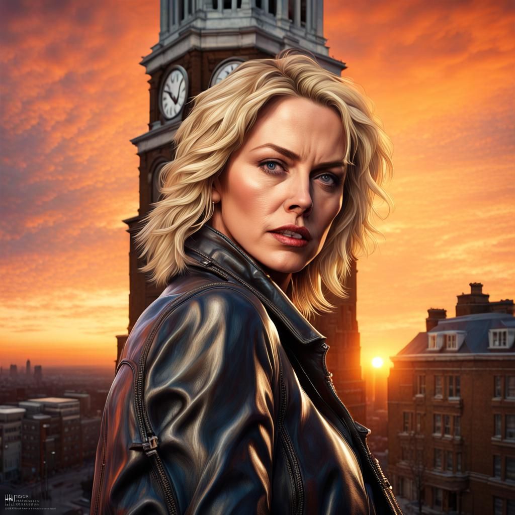 Hyperrealistic Sunset Portrait with Clock Tower