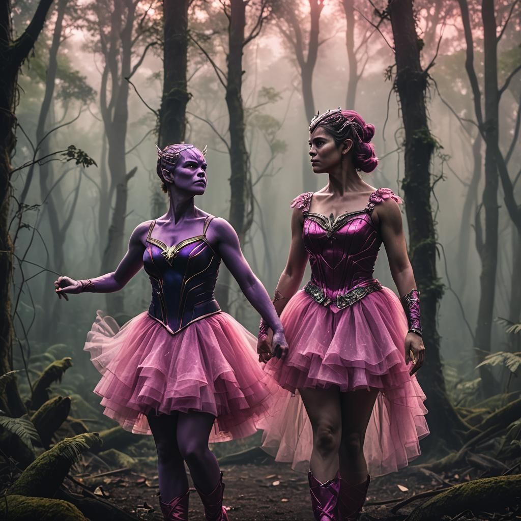 Thanos and Hulk in Ballerina Outfits in Hyperrealistic Style