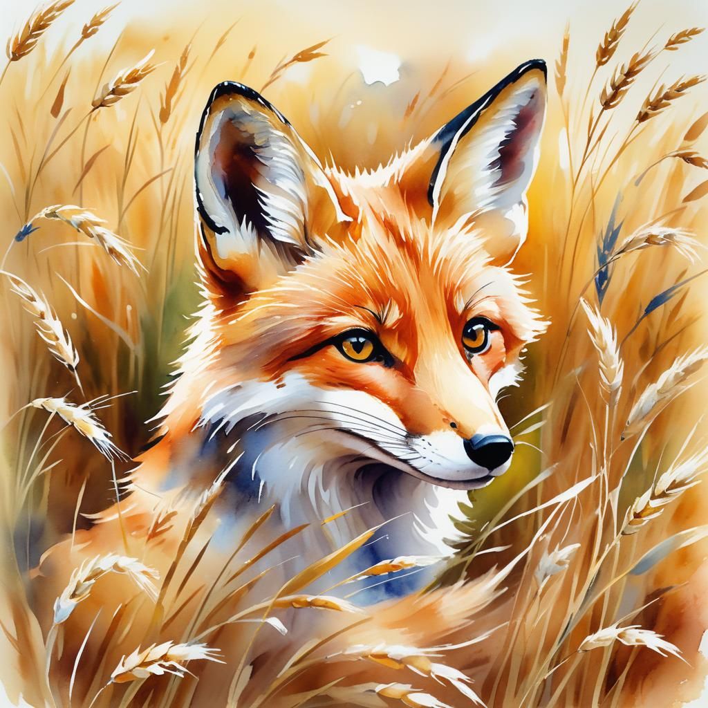 Fox in Wheat Field: Whimsical Watercolor Portrait