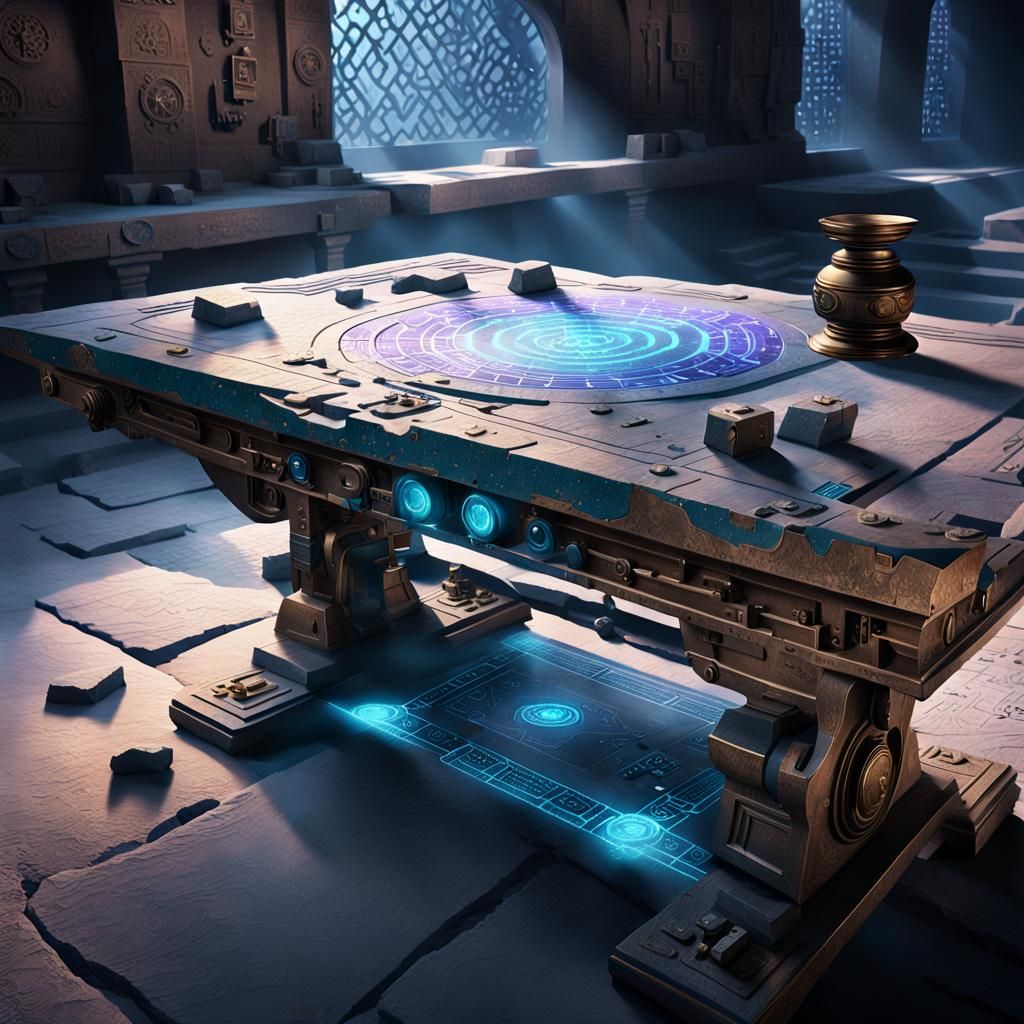 Ancient Technology Relics Illuminated by Blue Runes