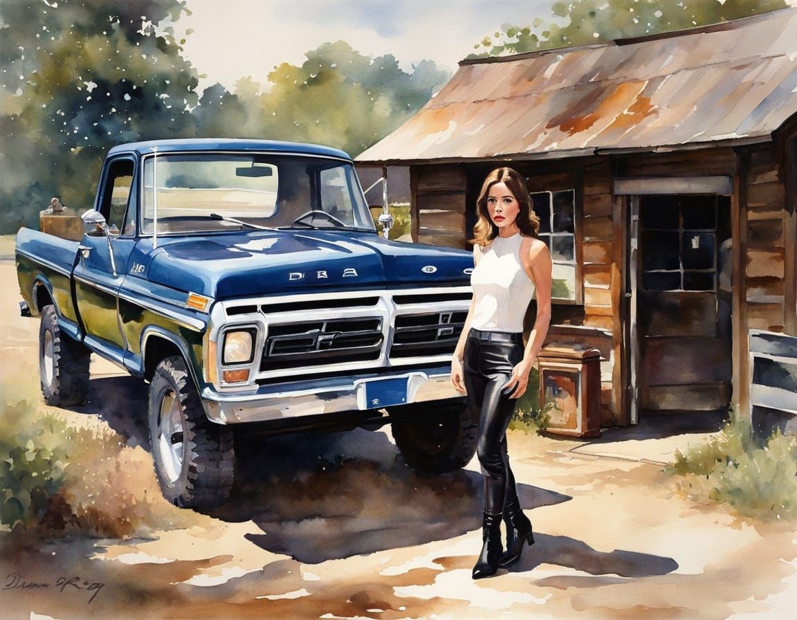 Woman with Vintage Ford F150: Watercolor Impressionism