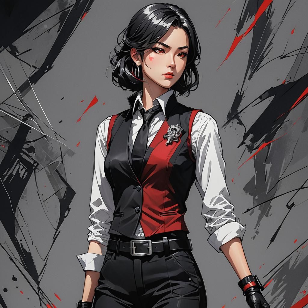 Dynamic Anime Portrait of Woman in Red and Black