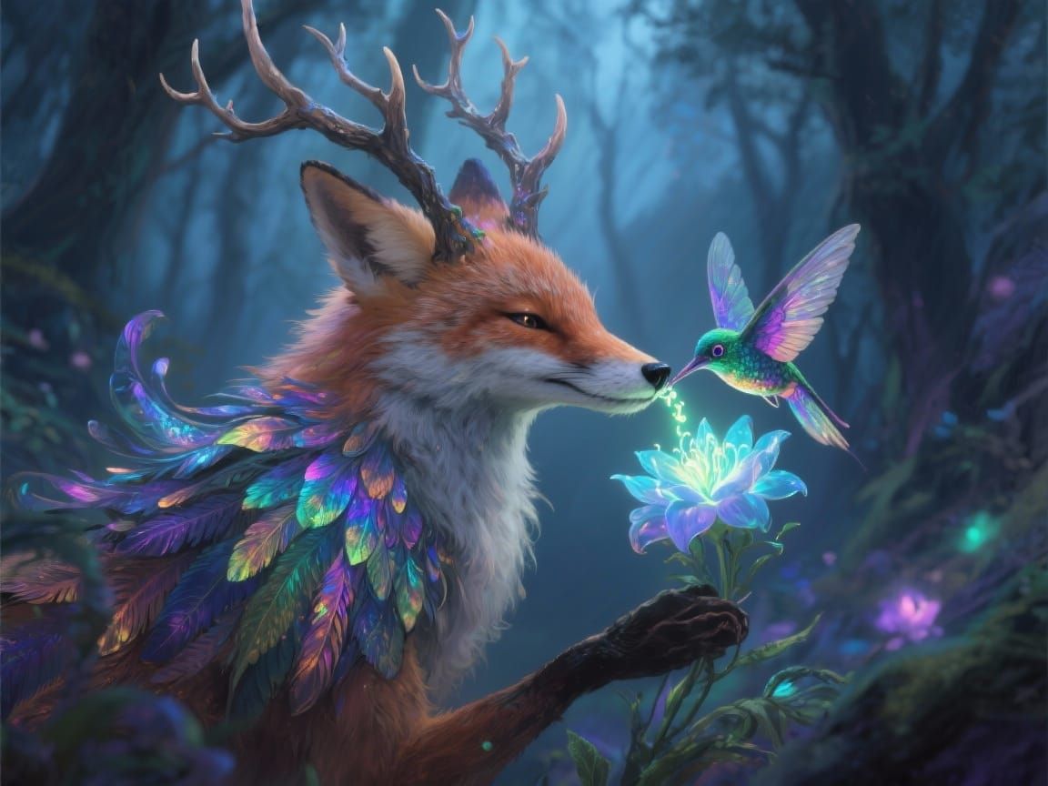 Fantastical Fox-Hummingbird Creature in Enchanted Forest