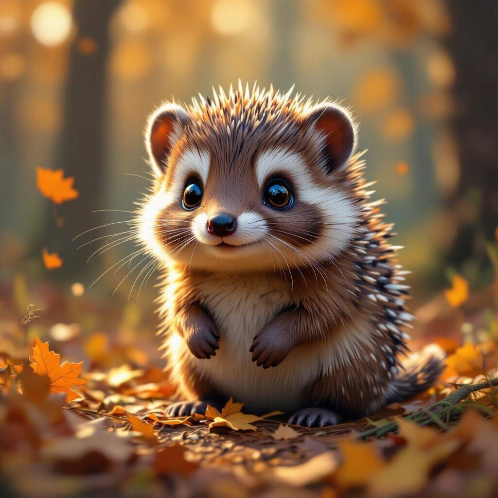 Cute Hedgehog in Autumn Forest Scene