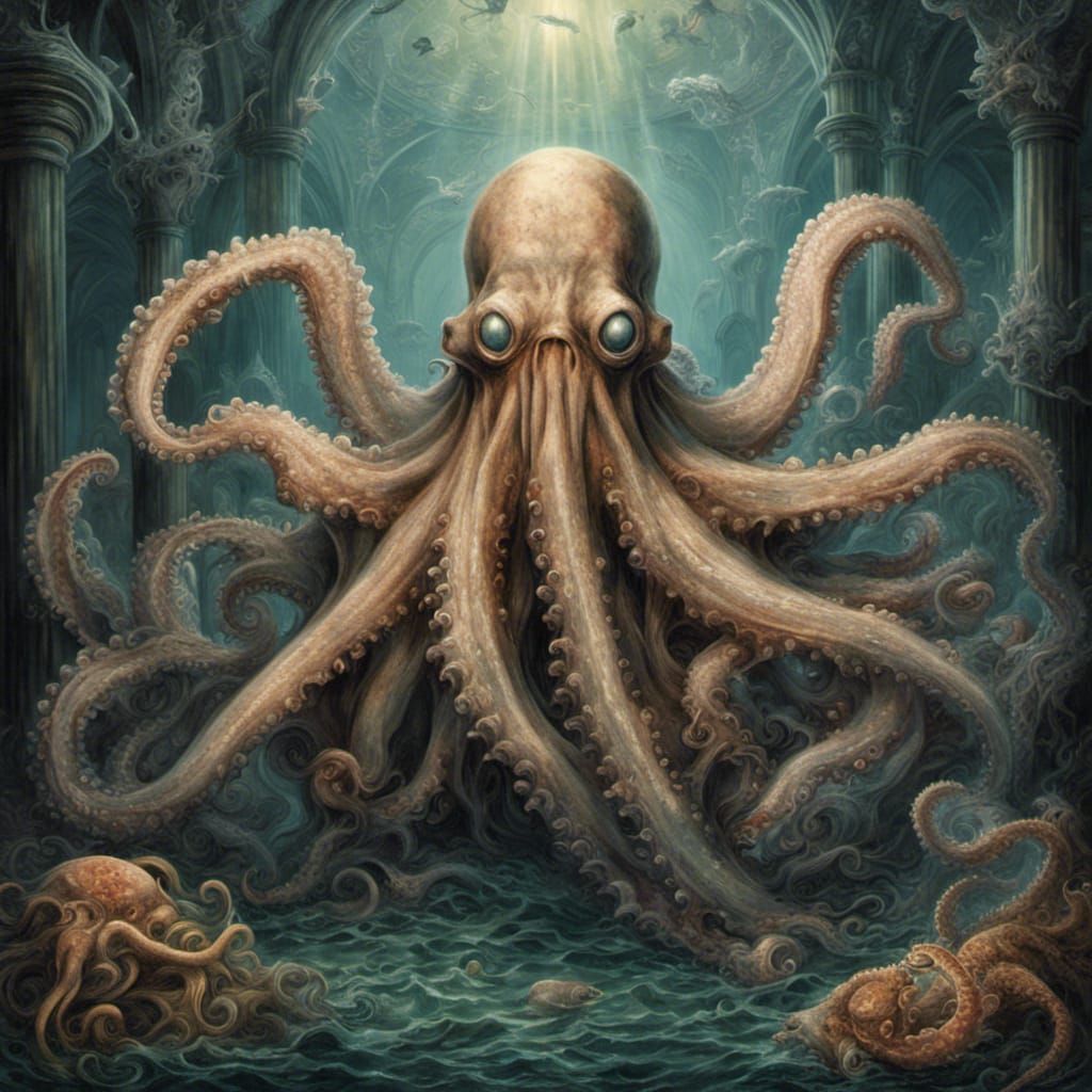 Underwater Cathedral with Cthulhu Priest in Gothic Style