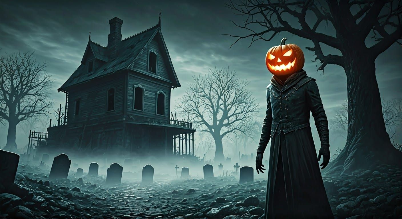 Eerie Jack-o'-Lantern Man in Dark Fantasy Graveyard