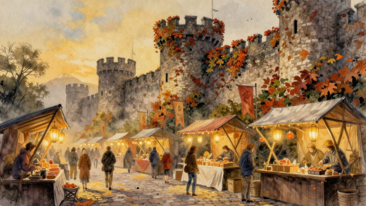 Autumn Market Scene Beneath Castle Walls