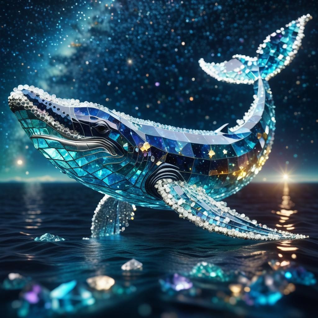 Crystal Whale Swimming in Starry Sea