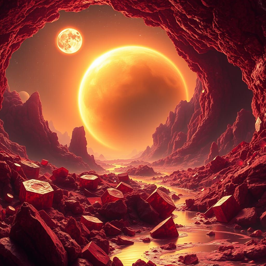 Ruby Planet Seen Through Golden Eye in Surreal Style