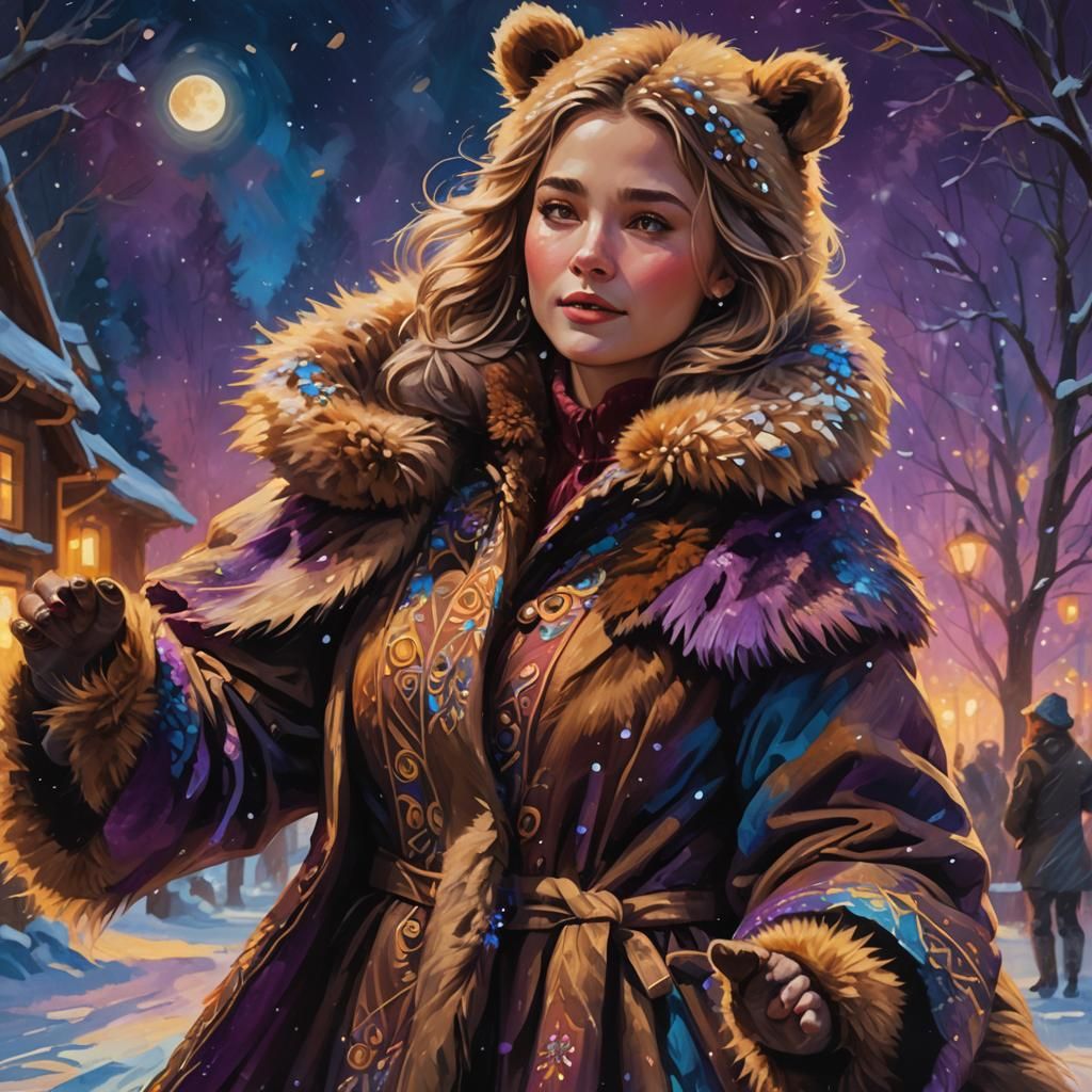 Woman Dancing in Bear Coat, Art Nouveau Style