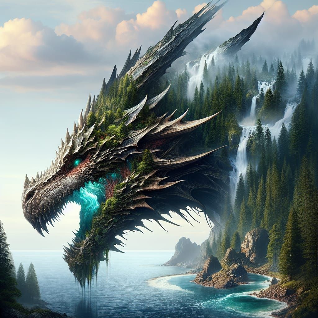 Detailed Dragon Head with Double Exposure Effect