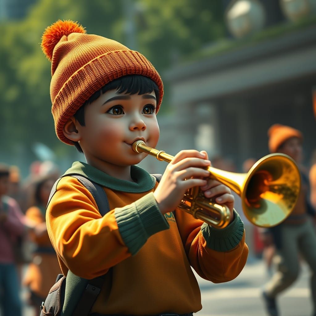Boy Trumpeter in Parade: Detailed Matte Painting