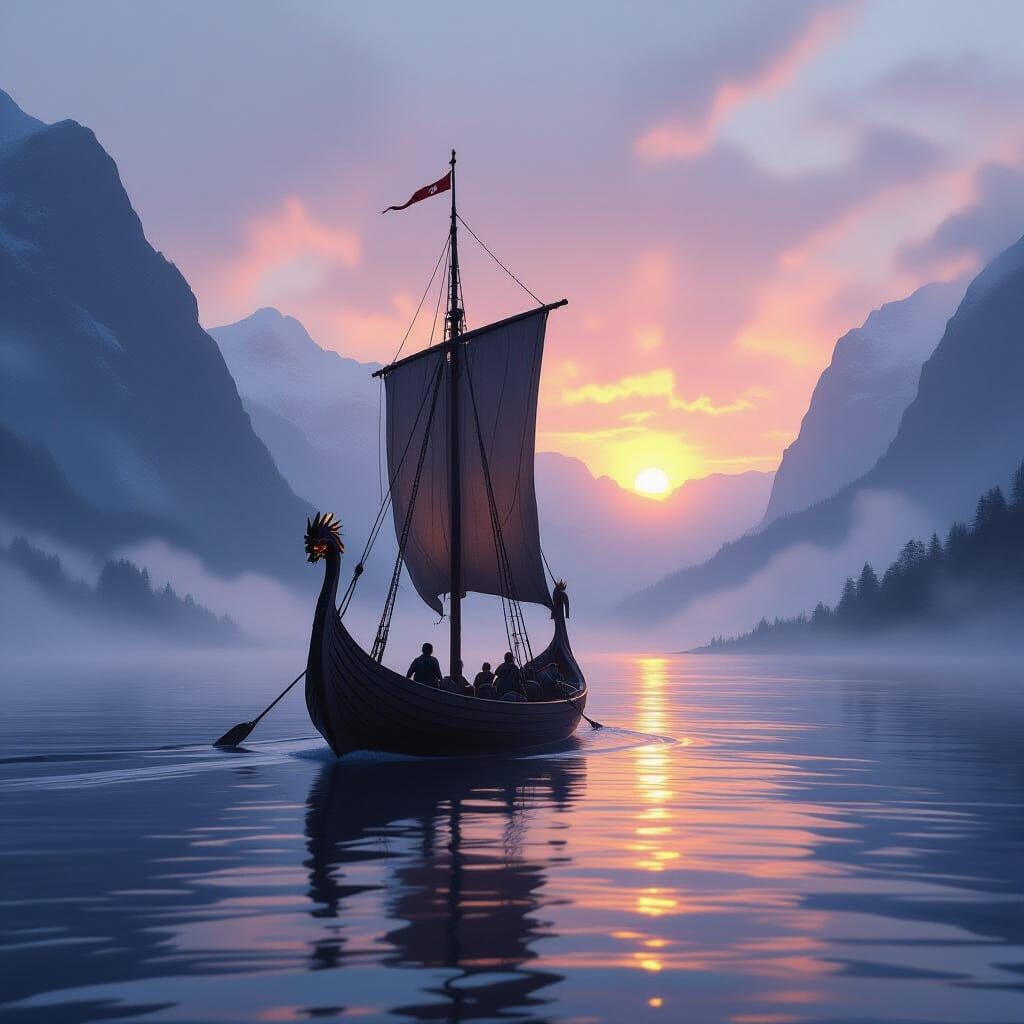 Viking longship sailing through a fjord at dawn. Wide shot. The longship cuts through the mist, its dragon head silhouet...