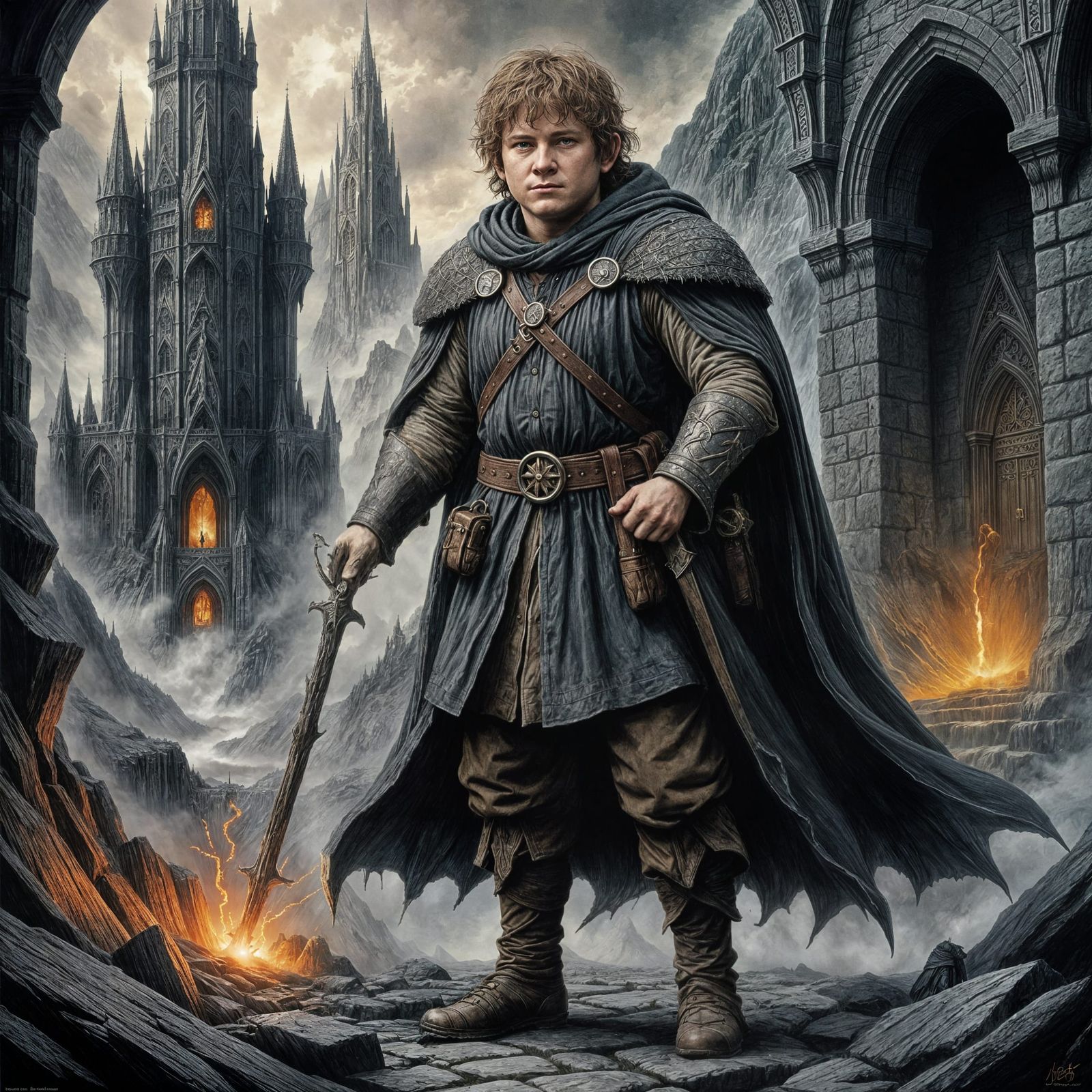 Samwise Gamgee Sees Barad-dûr in Charcoal Style