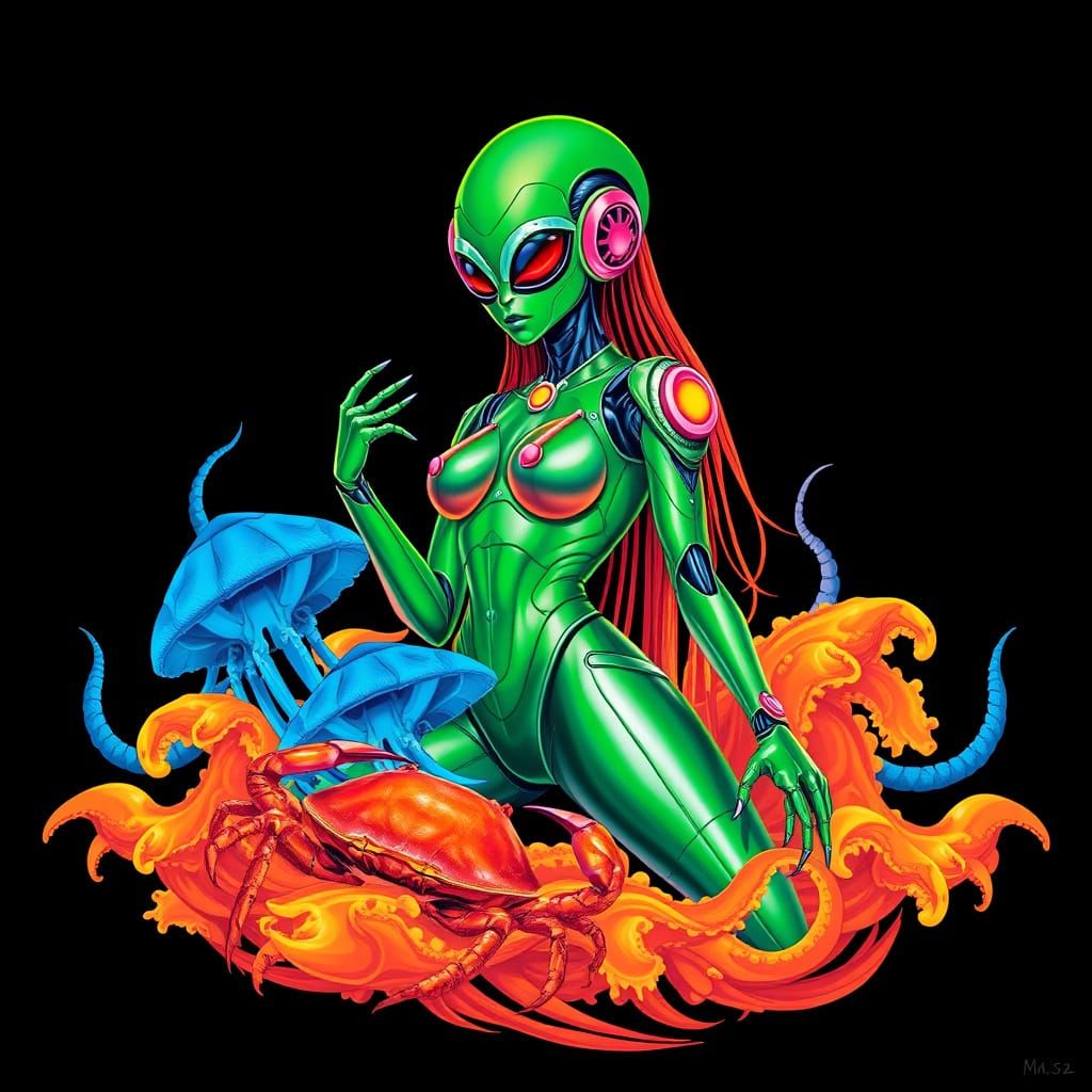 Robotic Alien Lady with Jellyfish in Bold Colors