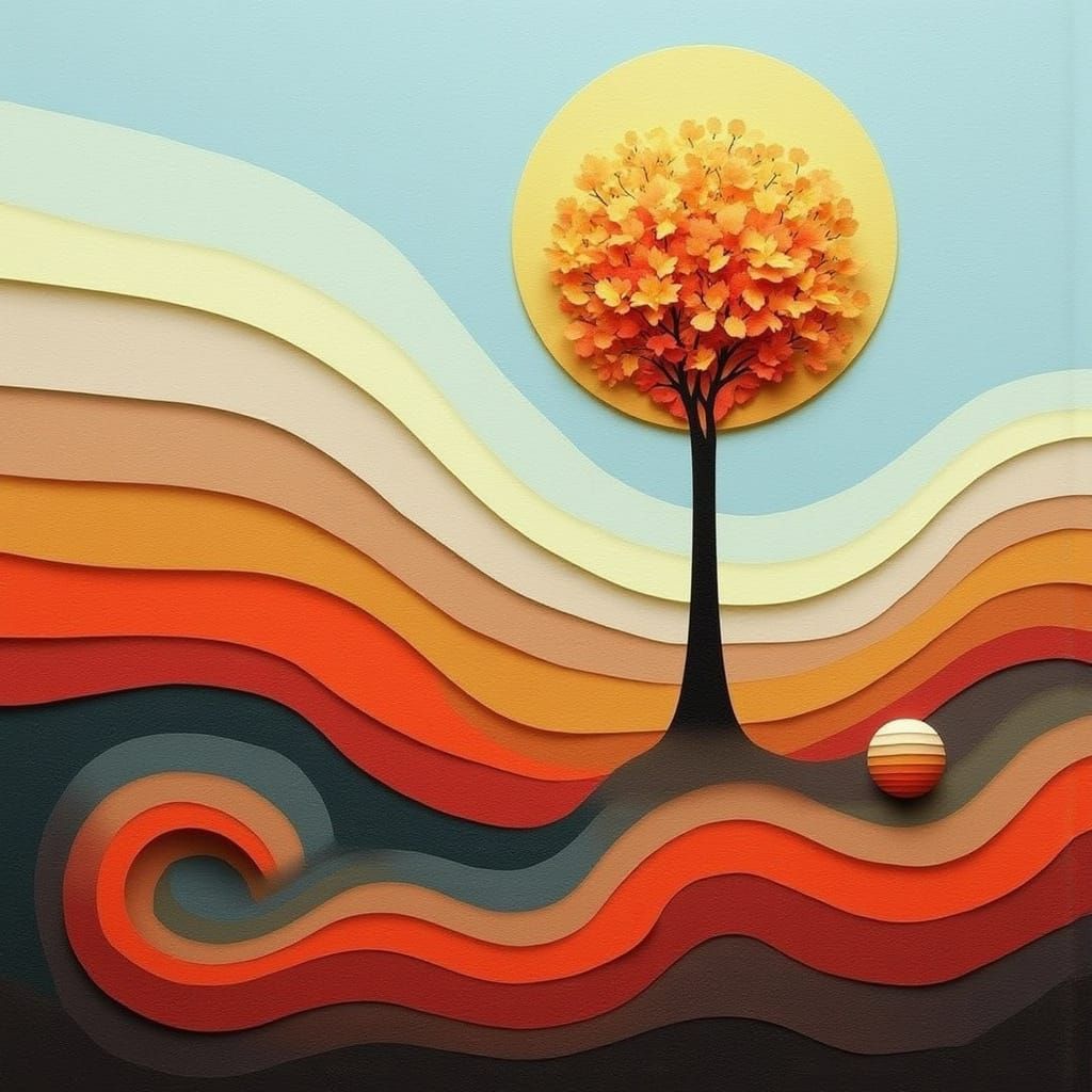 Surreal Landscape with Tree in Warm, Layered Textures