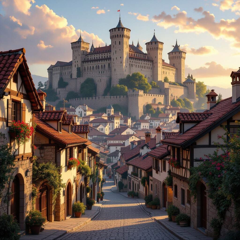 Ultra-Realistic Historical City with Castle at Sunset