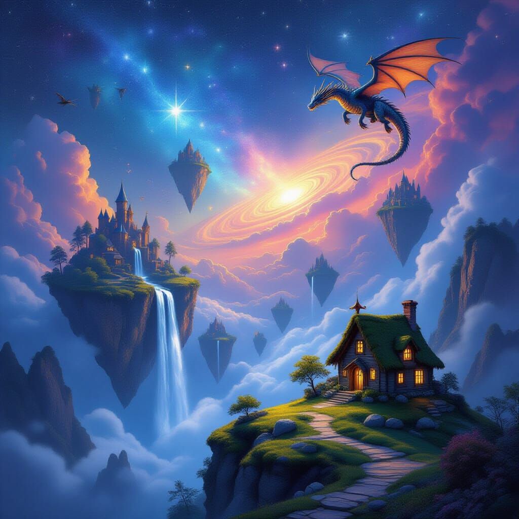 Whimsical Fantasy Realm: Floating Islands, Dragon, and Glowi...