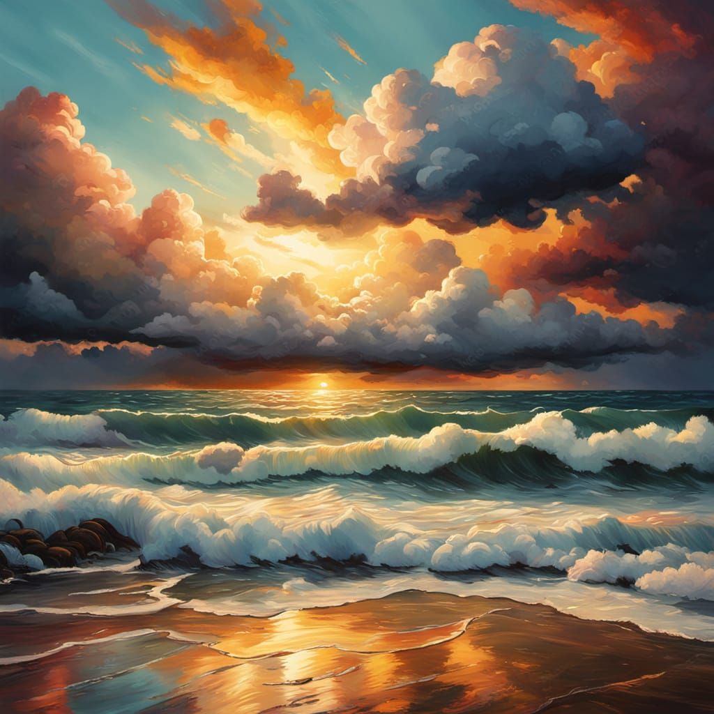 Dreamy Shoreline Oil Painting at Sunset