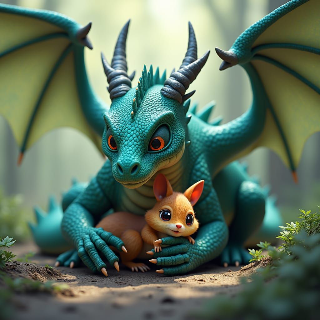 Dragon Protecting Chipmunk in 3D Anime Style