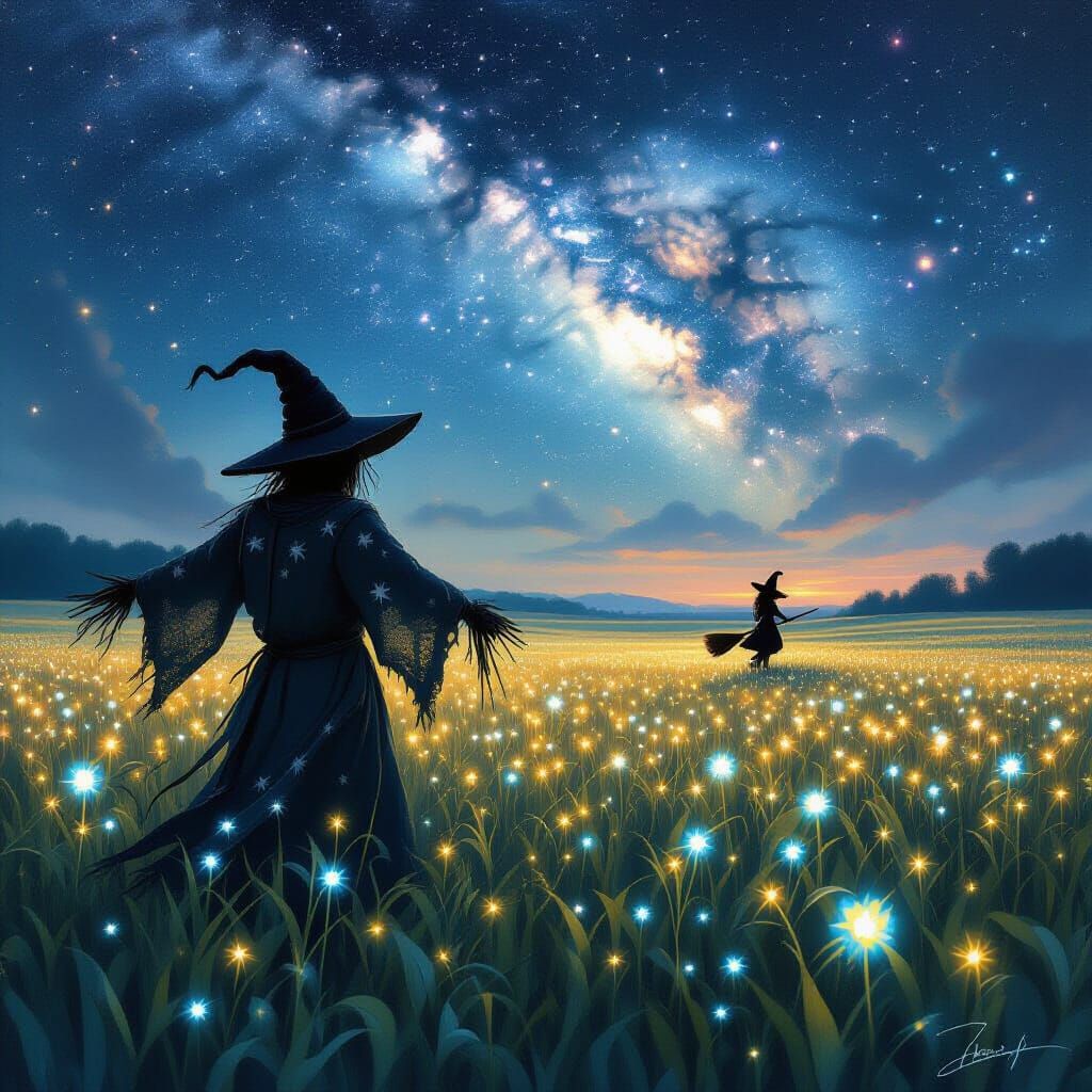 Lone Scarecrow in Twilight Field of Bioluminescent Flora