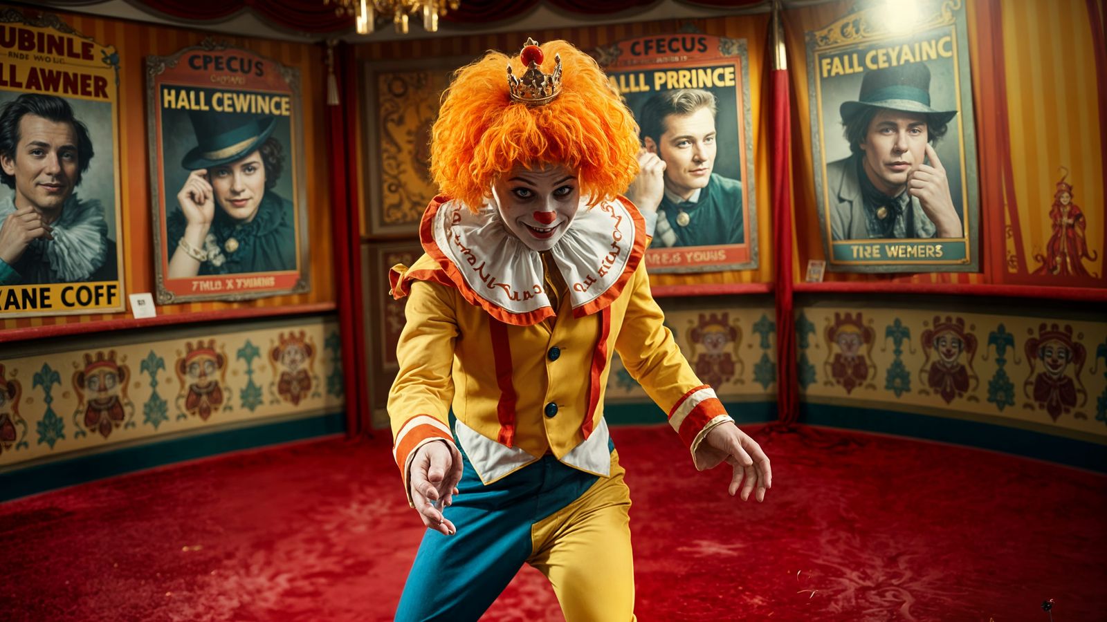 Cinematic Clown Prince Bows in Circus Spotlight