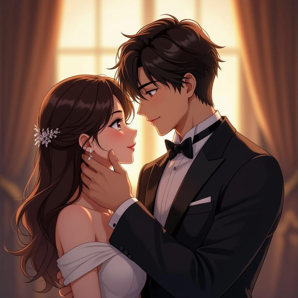 Anime Man Whispering in Tuxedo, Soft Lighting