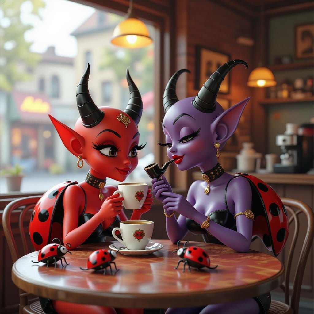 Cartoon Devil Drinks Coffee in Cafe with Kissing Ladybugs