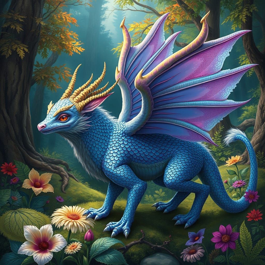 Fantasy Creature in Lush Forest, Imaginative Art