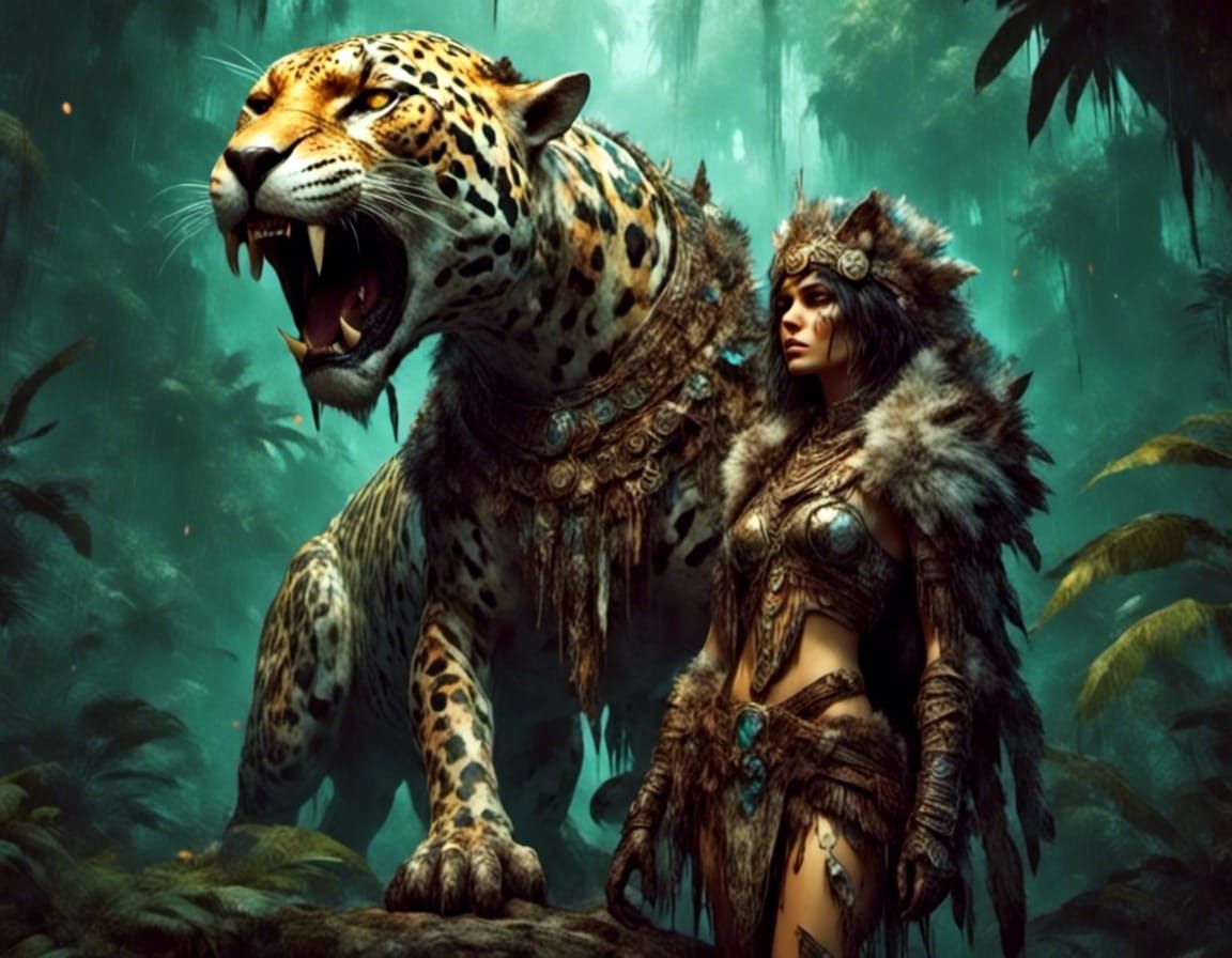 Neanderthal Huntress and Sabre-Toothed Jaguar in Jungle