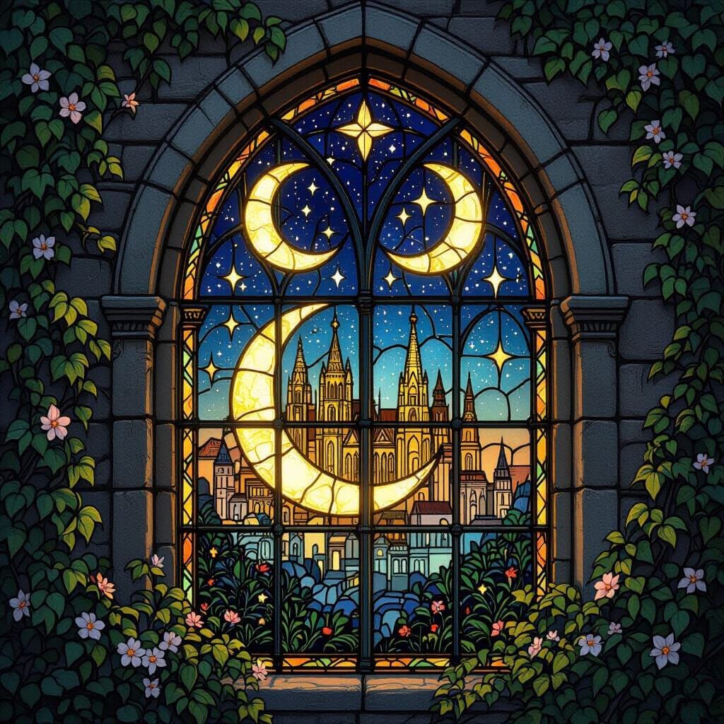 Celestial Cityscape in Stained Glass Style