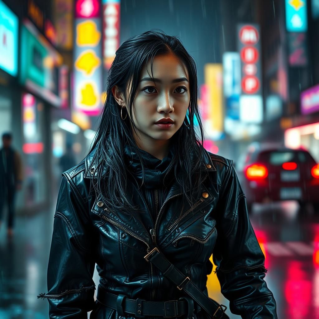Cyberpunk Ninja in Rainy Cityscape at Night