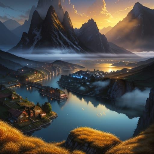 Misty Mountainside Harbor at Golden Hour Oil Painting