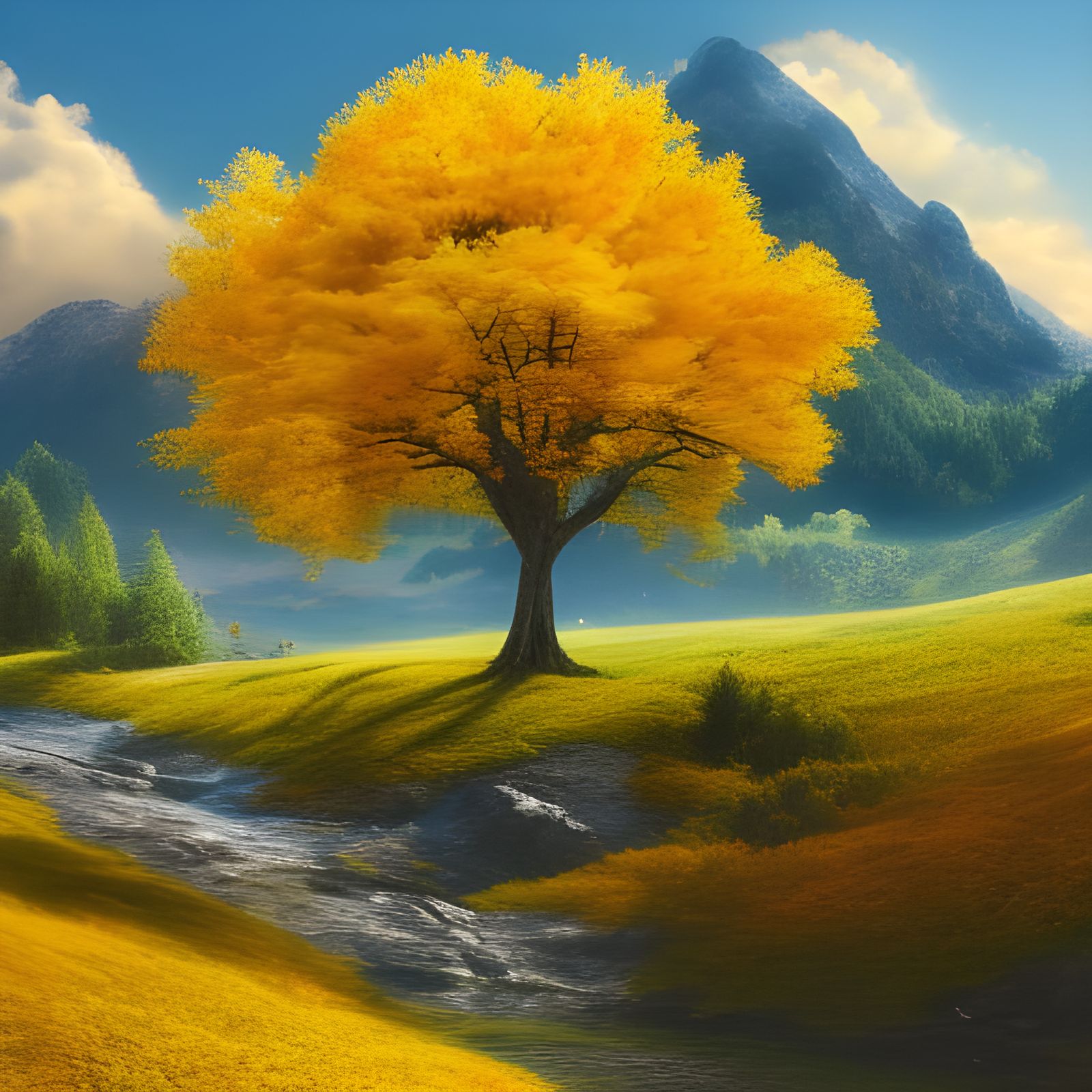 Autumnal Landscape with Golden Tree in Sunlight