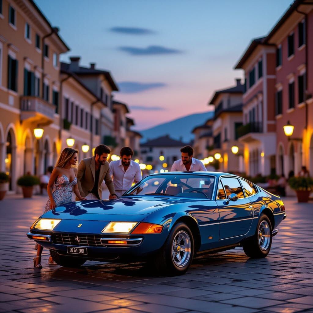 1970s Friends Gather Around Classic Ferrari on Italian Piazz...