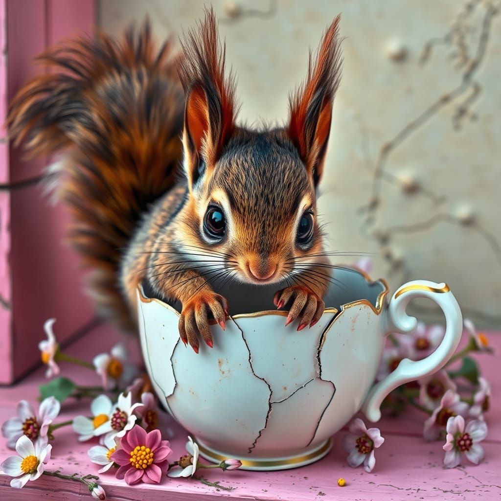 Adorable Squirrel in Teacup, Artistic Photorealistic Image