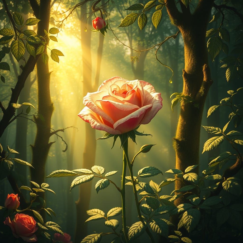 Majestic Rose in Sunlit Forest, Art Nouveau Style