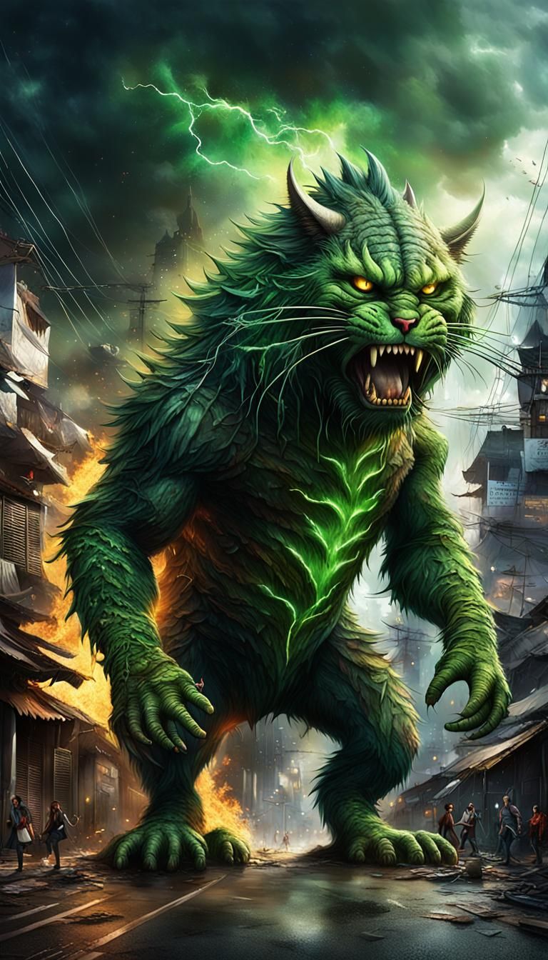 Coconut Cat Monster Destroys City in Digital Painting