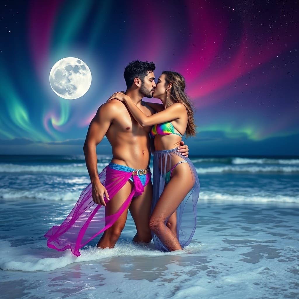 Moonlit Beach Embrace in Hyperrealistic Style