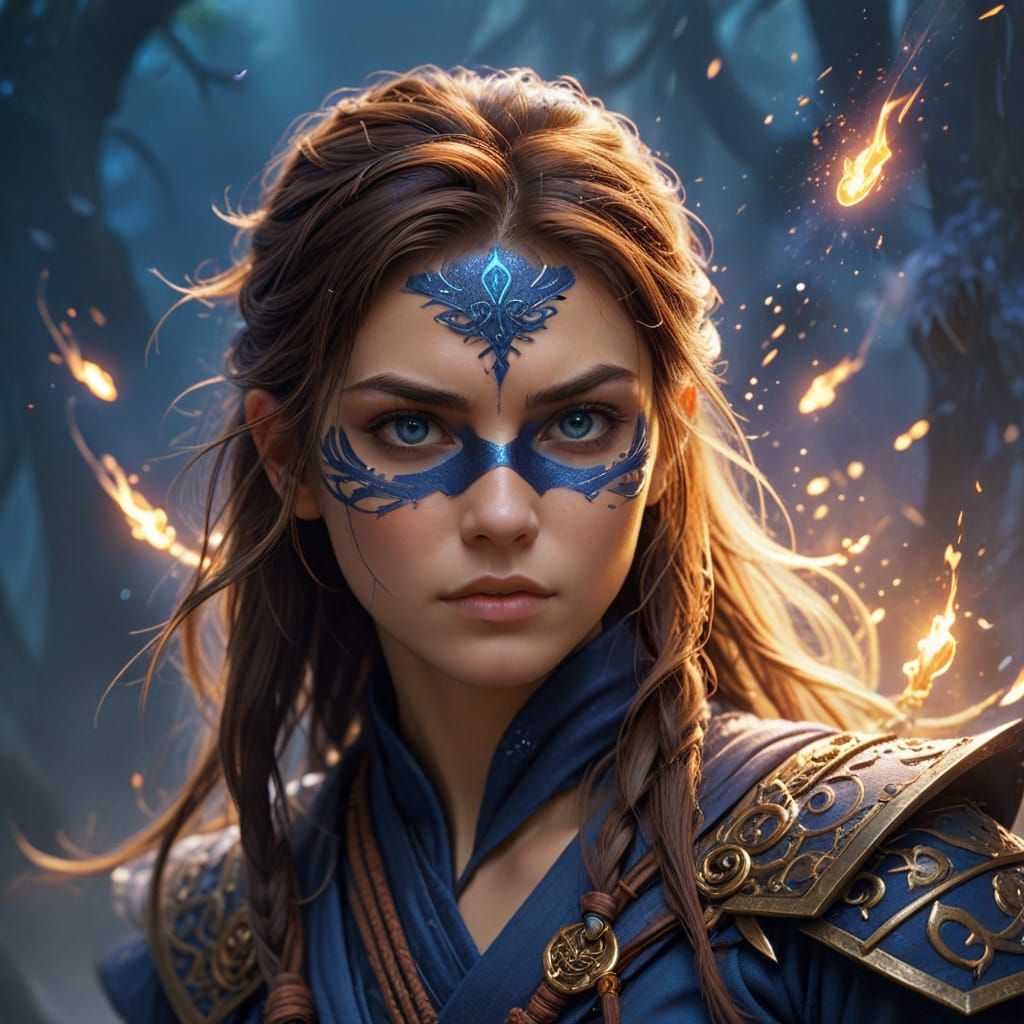 Ninja Warrior of Ancient Magic in Vibrant Blue Haze