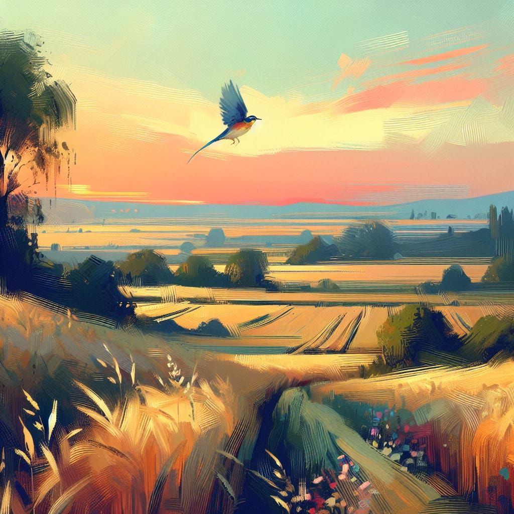 Whimsical Summer Skylark in Poetic Oil Painting Style