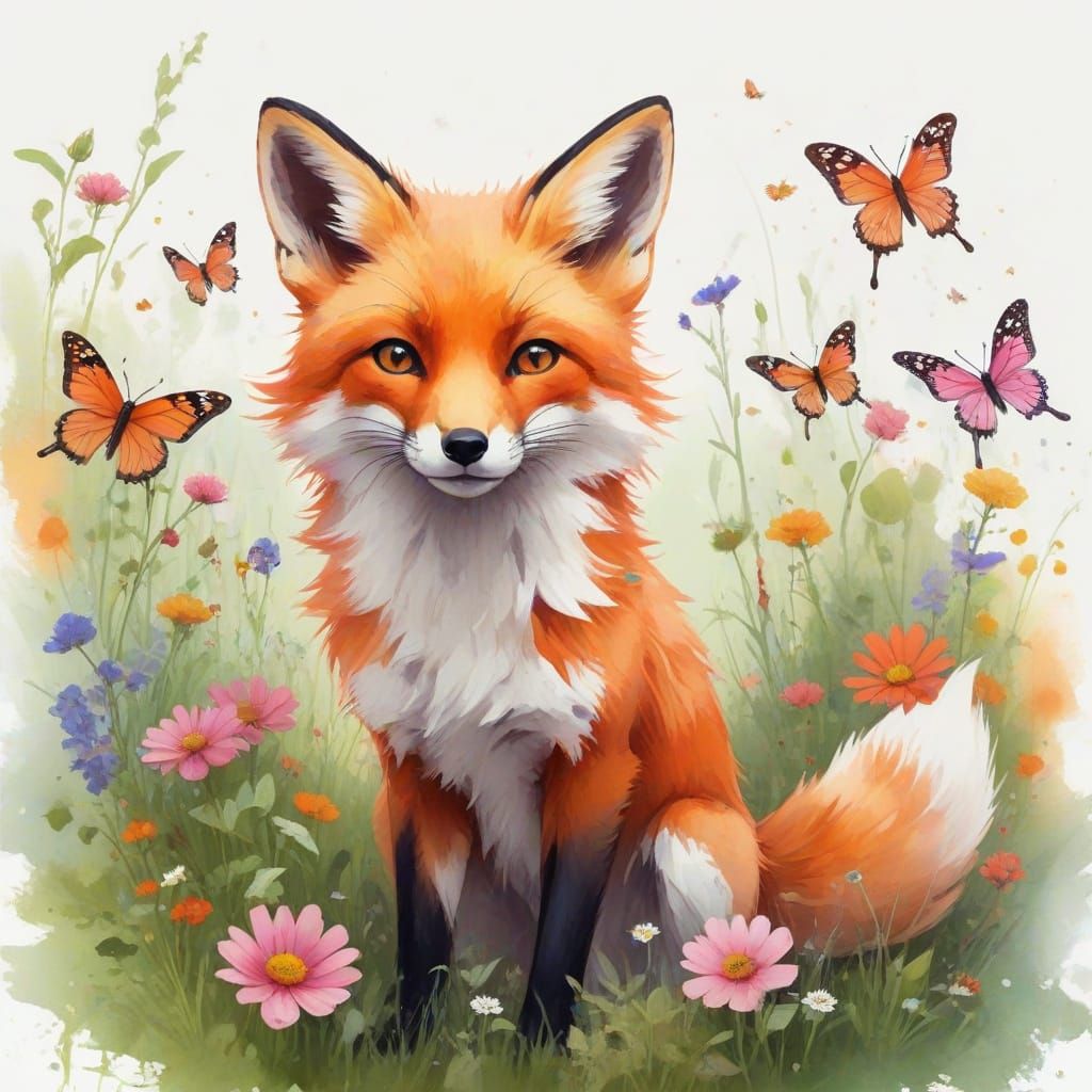 Vibrant Morning Meadow Scene with Fox and Butterflies